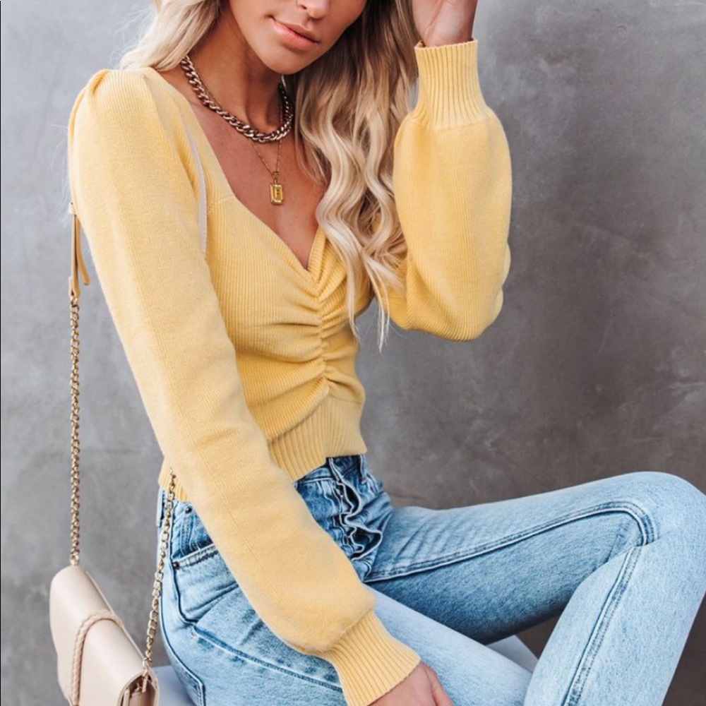 Aimee Ruched Yellow Crop Sweater - Vici - S/M